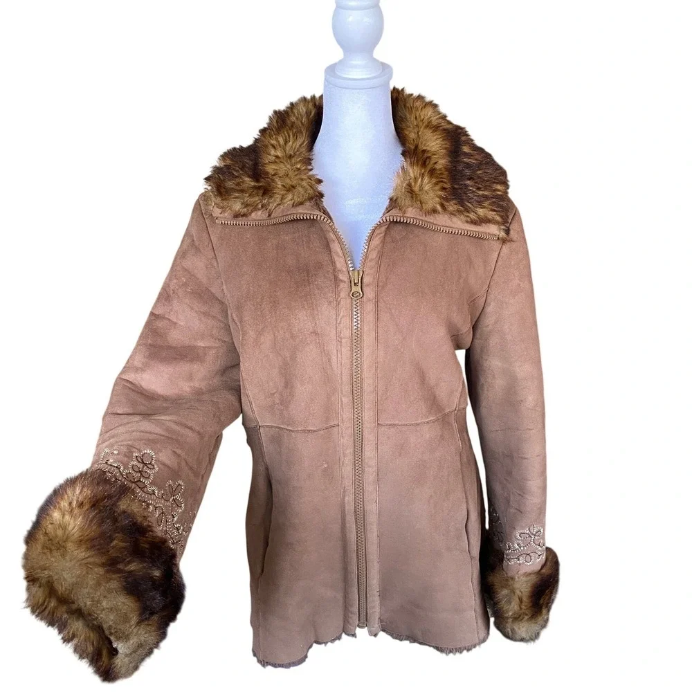 Vintage Penny Lane Suede Fur Trim Brown Coat Medium Boho Y2K 1990's Winter Cabin